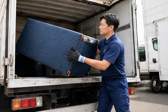 不用品を搬出する作業スタッフ